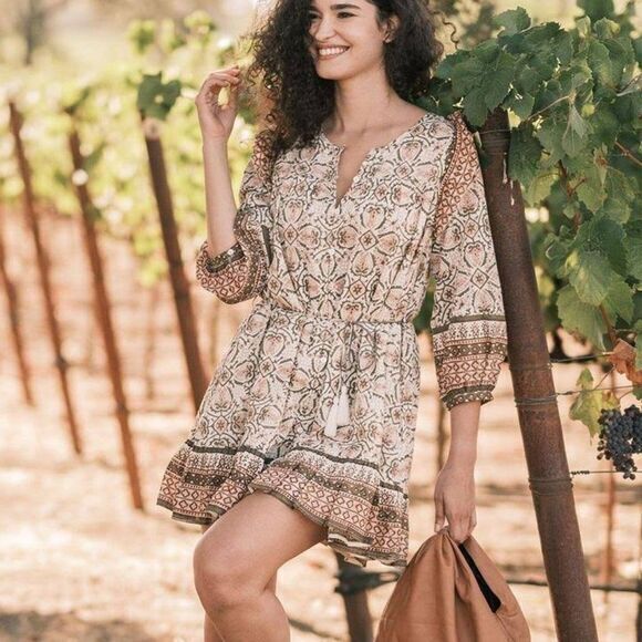 Cleobella Mosaic‎ Block 3/4 Sleeve Button Down Ruffled Susie Dress Womens Small - Picture 1 of 8